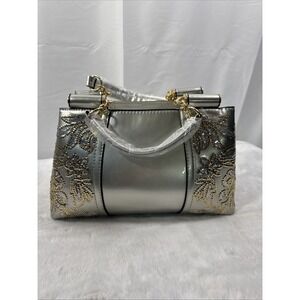 Nevenka Patent Leather Top Handle Handbag With Silver And Gold Embroidery